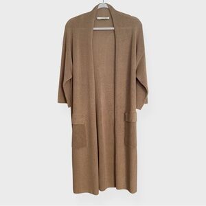 Oui – Longline Open-Front Knit Cardigan – Camel / Oatmeal Neutral